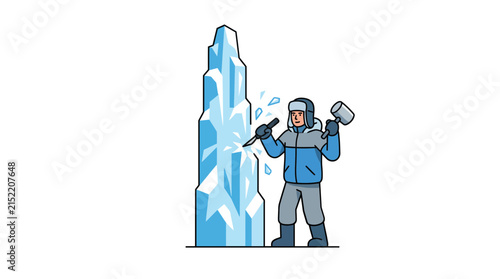 Ice sculptor carving frozen block with chisel and mallet. Winter artist creating ice sculpture. Professional ice carver vector illustration.