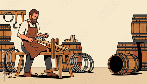 Vintage cooper craftsman making wooden barrels, traditional carpenter workshop illustration, artisan woodworker at workbench vector