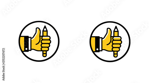 Minimalist hand holding pencil icon with thumbs up, creative writing and drawing vector logo, yellow and black graphic symbol