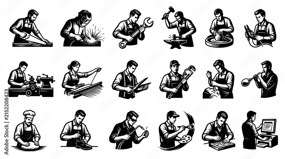 Obraz premium Black White Glyph Icons of Artisans and Craftsmen at Work