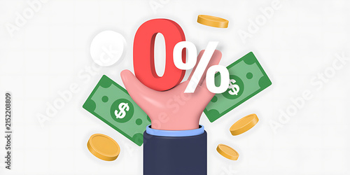 Hand holding zero percent sign surrounded by dollar bills and gold coins on a white background 