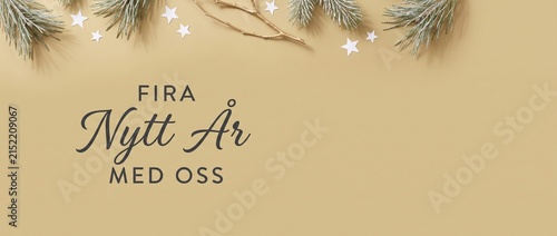 Swedish New Year celebration background with pine branches and star decor for seasonal greeting cards, fira nytt ar holiday banner, flat lay festive frame with gold twig on beige backdrop.