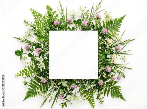 Natural green leaves and wildflowers form a beautiful white space frame