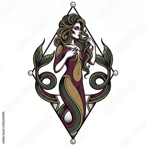 Regal twin-tail sea maiden framed by an elongated diamond crest, rendered in muted burgundy, olive and gold with flowing hair, curling fins and refined vintage tattoo detailing on white background