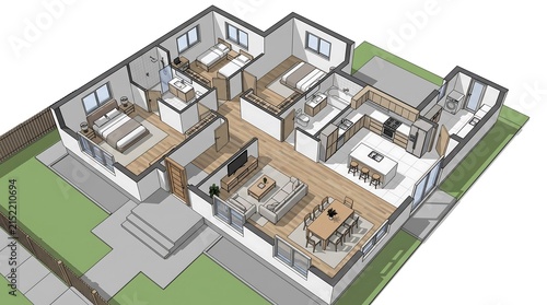 A detailed three dimensional floor plan showing the interior layout of a modern residential home with multiple bedrooms and living areas