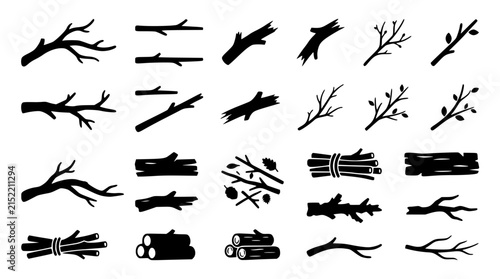 Konstfotografi Tree Branches and Wooden Twigs Silhouette Icon Collection Featuring Bare Boughs