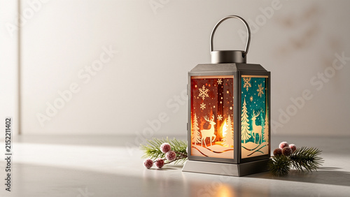 Decorative lantern with winter scenes and festive elements on table  
