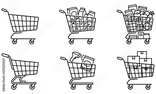 Set of six shopping cart icons with various groceries and delivery boxes in black line art style