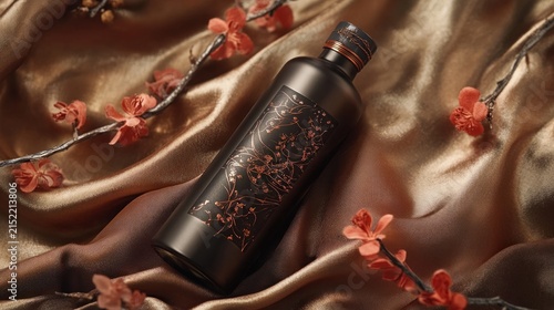 Dark bottle on draped fabric