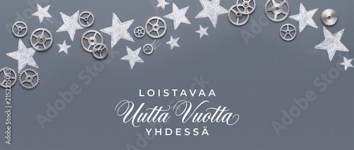 Finnish New Year greeting background with metal gears and drawn stars, corporate togetherness celebration banner with Finnish text Loistavaa Uutta Vuotta Yhdessä on grey backdrop.