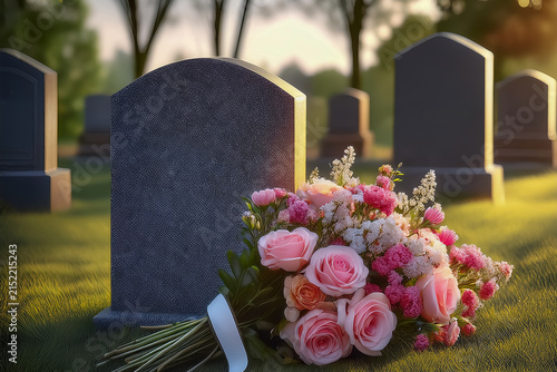 An einem Grabstein  sind Blumen abgelegt