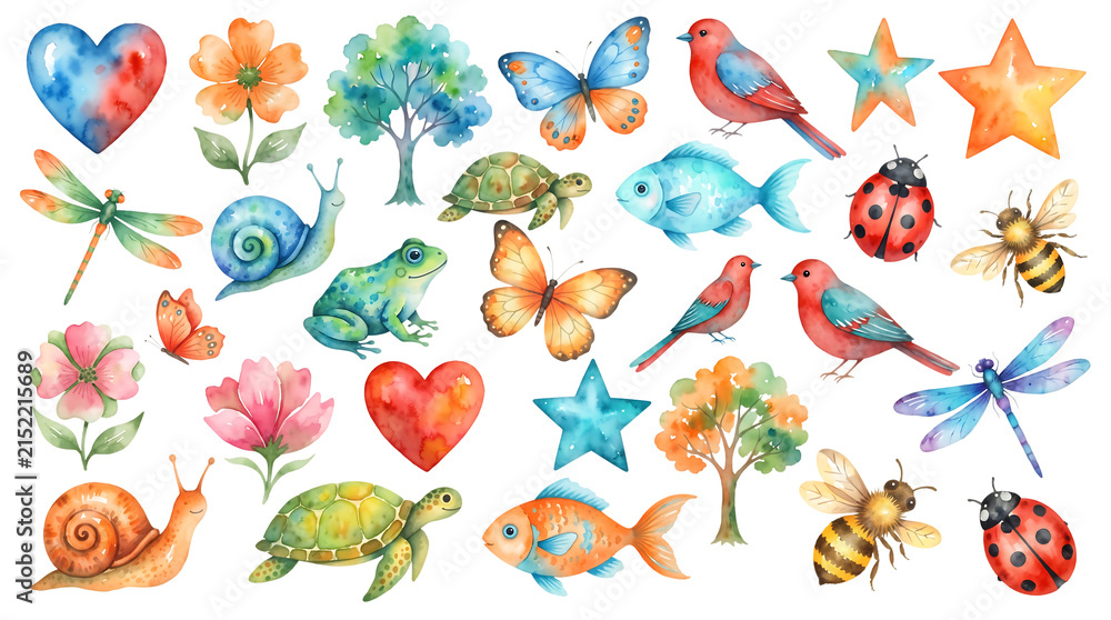 Obraz premium Vibrant watercolor forest animals and floral elements on transparent background cheerful nature collection.