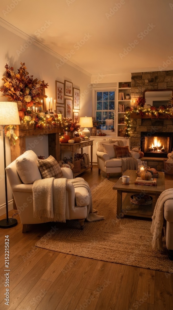 Obraz premium Warm autumn living room with cozy sofa, blankets and seasonal decor, comfortable home interior and relaxing fall evening.
