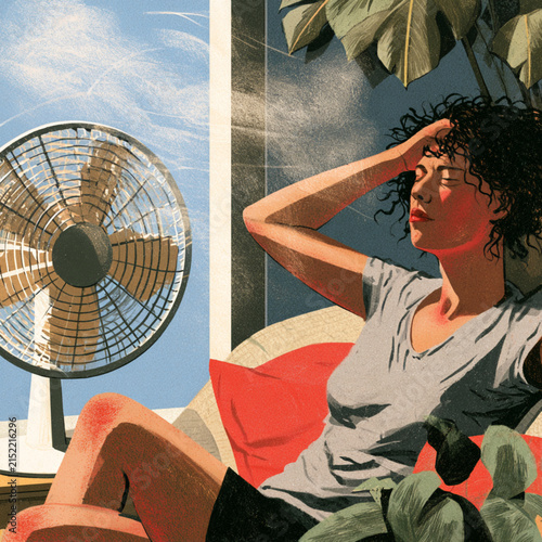 Exhausted girl suffering from hot weather at home illustration