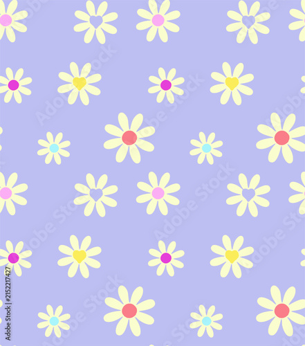 Cute pastel daisies with heart centers scattered on a lilac background a simple happy pattern for design