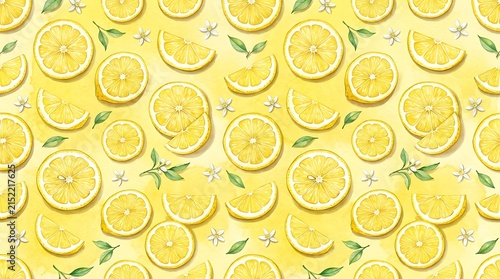 Seamless watercolor pattern with lemon slices and green leaves