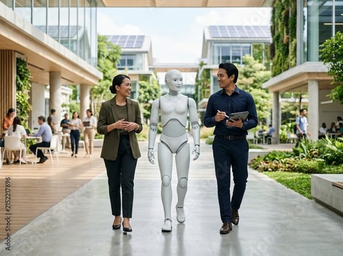 Two business people stroll alongside humanoid robot