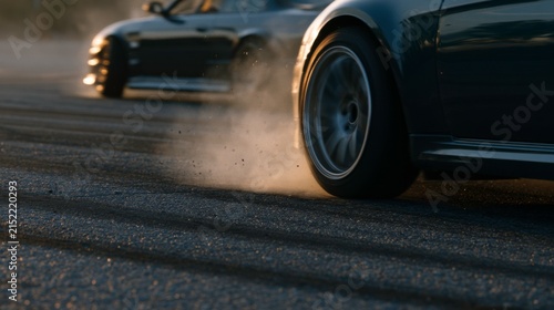 Close up view of racing car tires creating a cloud of dust on the track at sunset