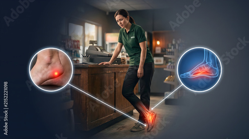 Woman retail worker suffering from foot pain and plantar fasciitis