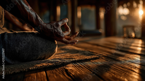 Hands practicing yoga mudra in a meditative pose warm indoor lighting asana balance breathe calm chakra concentration contemplation darkness depth discipline energy equilibrium exercise fitness