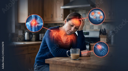 Woman suffering from chronic pain with anatomical medical diagrams