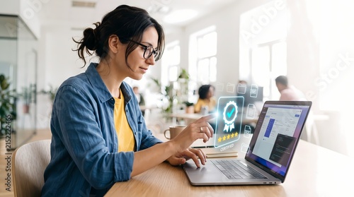A professional woman uses a portable computer to verify quality standards while selecting top ratings online to improve her business workflow and achieve customer satisfaction in a busy workspace