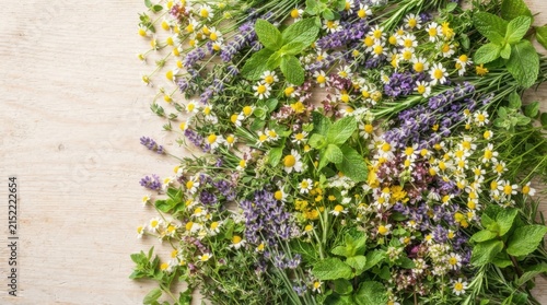 Wildflower and Herb Botanical Border on Natural Beige Background With Copy Space