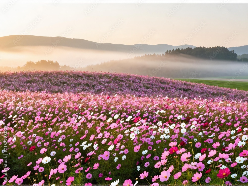 Fototapeta premium Full Cosmos Hill Misty Dawn Furano Hokkaido