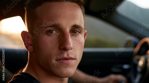Young man enjoying a peaceful moment in his car during a beautiful sunset