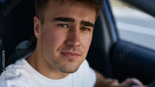 Happy young man in a car enjoying a joyful moment while smiling at the camera and sharing a sense of connection