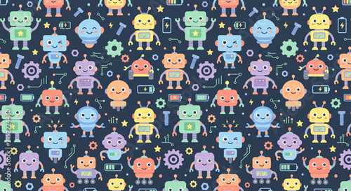 Cute seamless pattern with colorful robots and gears on dark background