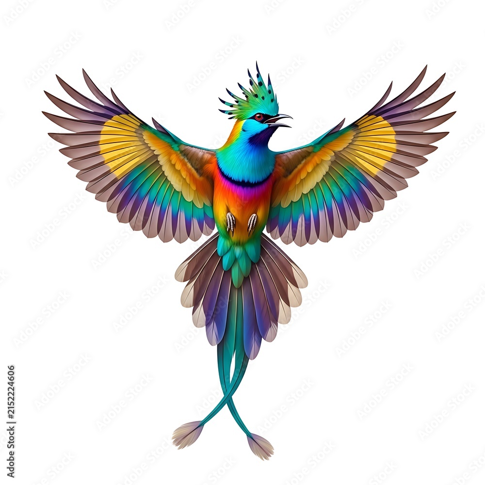 Fototapeta premium Colorful peacock spreading wings in flight