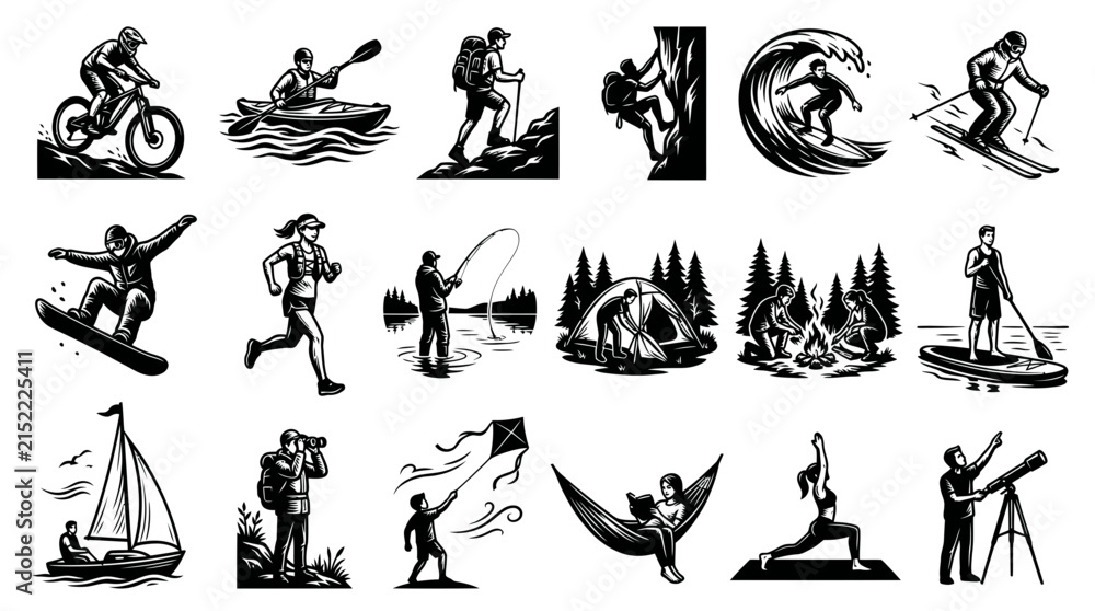 Fototapeta premium Outdoor Adventure Activities Black and White Vector Illustrations Collection. Lifestyle, Sports Recreation Icons Set.