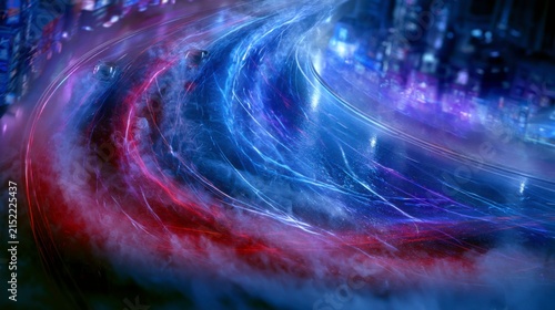 Vibrant light trails illustrating movement in a modern cityscape illuminated at night