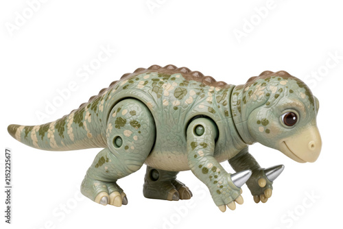 Cute green iguanodon dinosaur toy figurine with thumb spikes walking, isolated on a transparent background
