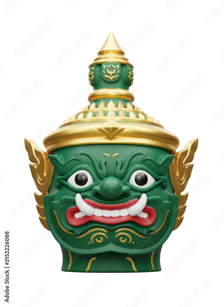 Fototapeta premium Green Thai giant yaksha demon mask with golden crown, isolated on a transparent background
