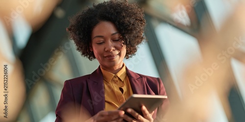 Smiling businesswoman using tablet in modern office with warm natural light for corporate background and digital workflow and remote work design