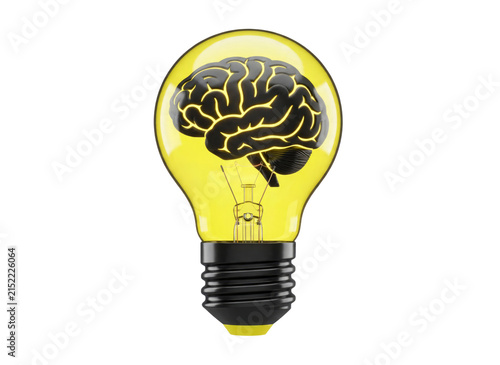 Human brain inside a glowing yellow light bulb concept, isolated on a transparent background