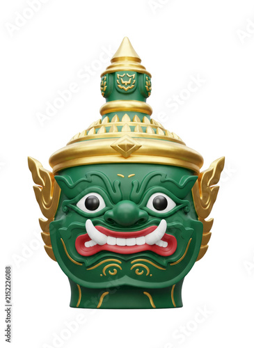 Green Thai giant yaksha demon mask with golden crown, isolated on a transparent background