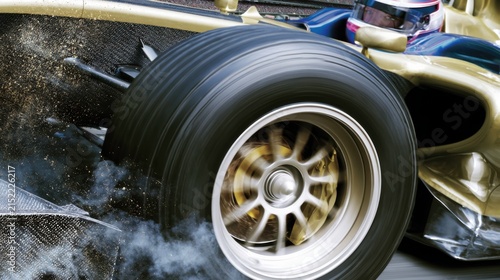 Close up of a racing car tire spinning rapidly creating smoke and dust in a dynamic motion