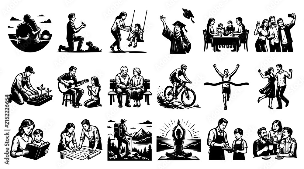 Obraz premium Black White Line Art Lifestyle Illustrations Set: People, Family, Activities, Relationships, Milestones