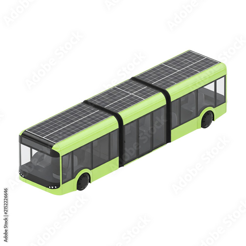 Modern green articulated bus with solar panels on roof, isolated on a transparent background