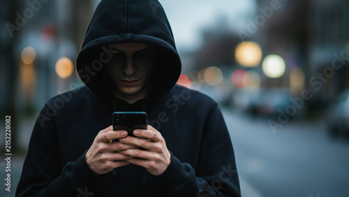 Woman in black hoodie and face mask, blurred background, urban setting black clothing