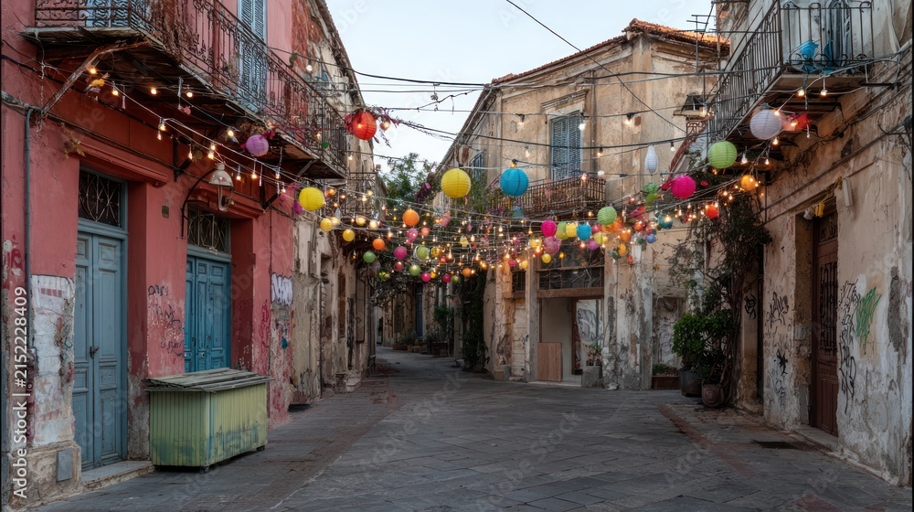 Fototapeta premium Narrow cobbled street with colorful lanterns strung overhead, flanked by weathered buildings