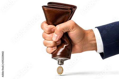 Hand Squeezing Wallet Shaped Tube with Coin Symbolizing Financial Pressure and Budget Constraints