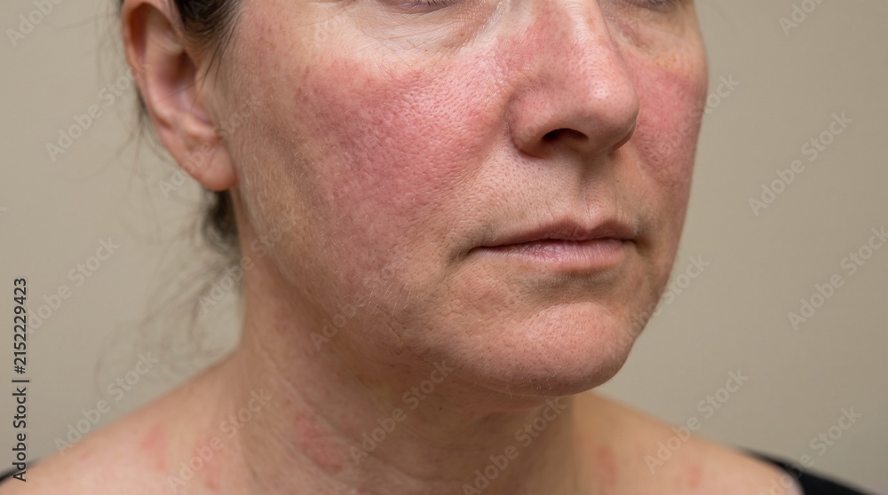 Naklejka premium Realistic Clinical Close Up of Cutaneous Lupus Erythematosus with Malar Rash and Photosensitive Skin Lesions