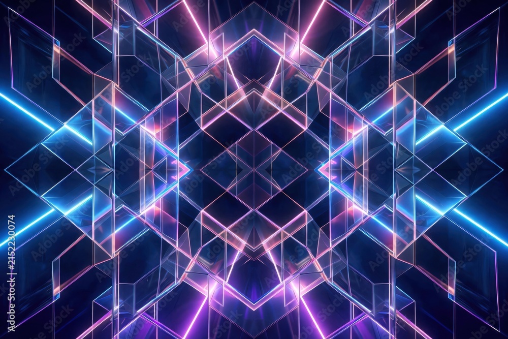 Naklejka premium Abstract Neon Geometric Structure with Blue and Pink Lights.