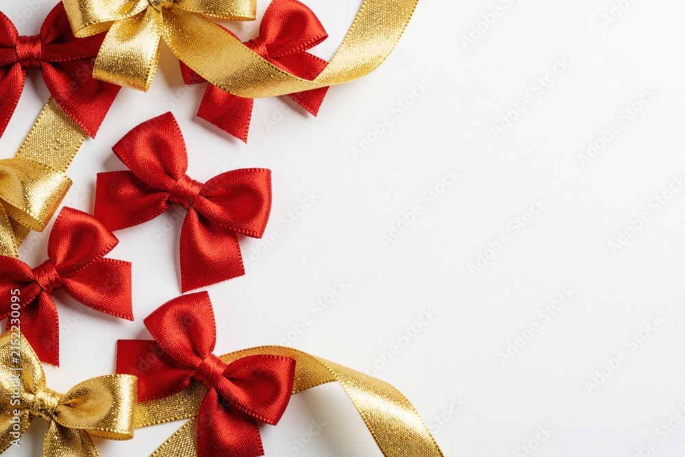 Obraz premium Red and gold bows and ribbons arranged on white surface. Decorative elements create festive look for gifts and holiday celebrations. Shiny satin accessories adorn presents.