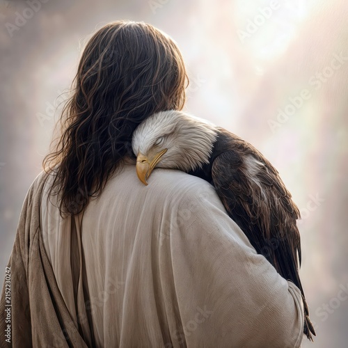 Jesus stands with his back to the viewer, cradling a sick bald eagle on his shoulder, illuminated by gentle, natural light that enhances the poignant atmosphere  