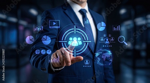 Businessman interacting with digital target audience and customer analytics interface